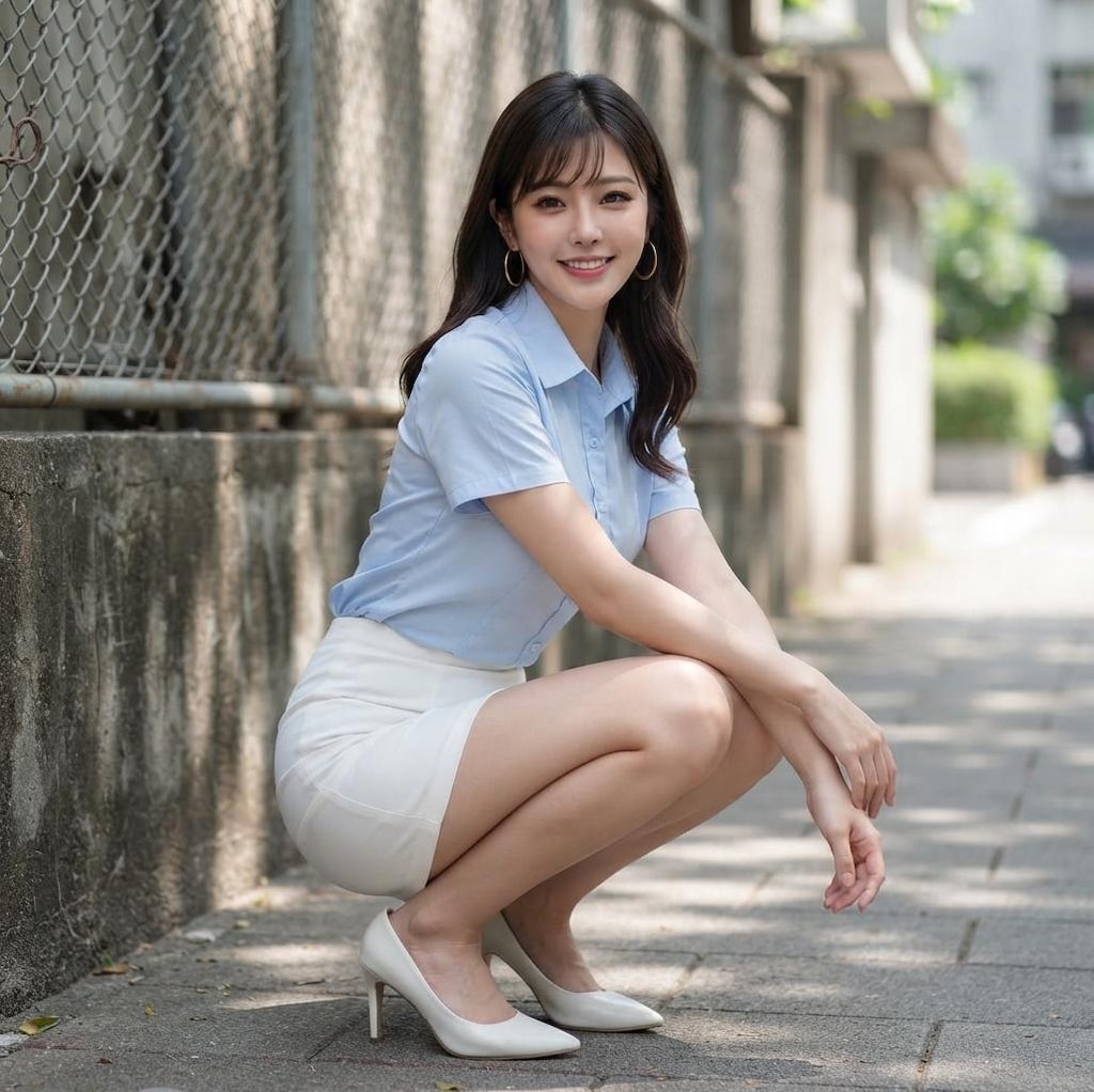 微笑みながらしゃがみ込んでいる女性