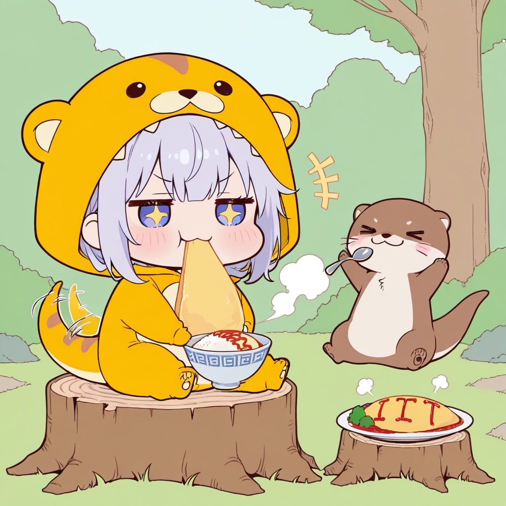 オムライスを食べる紫髪ちゃん
