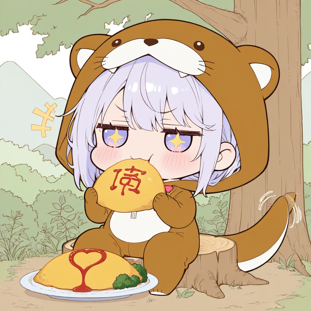 オムライスを食べる紫髪ちゃん