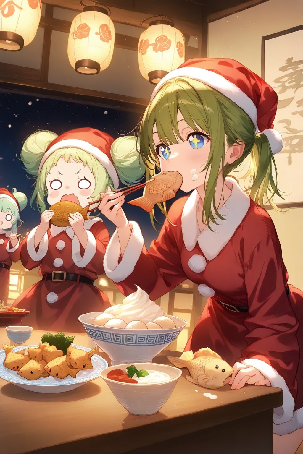 たい焼きを食べる緑髪ちゃん