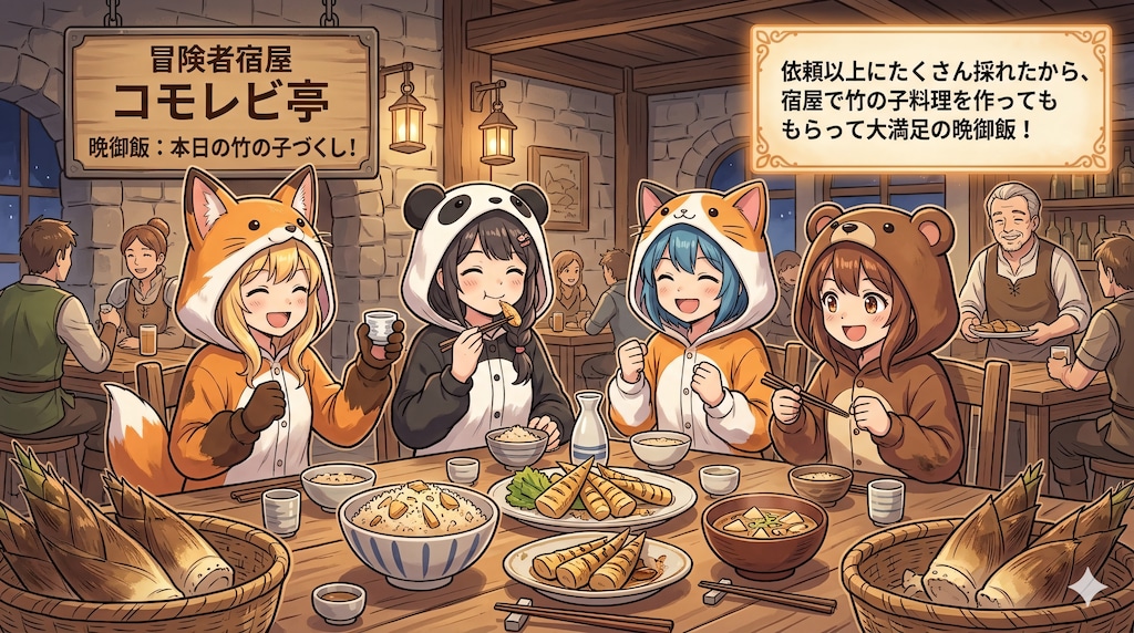 【All0511b】旬の竹の子が沢山採れたので冒険者宿屋で竹の子料理を作ってもらって美味しく頂いた。（NanoBanana2）