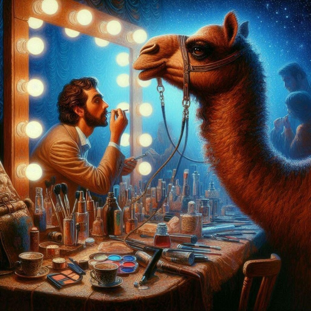 油絵風、化粧台でまつ毛メイクをする俳優ラクダ＆マーモット