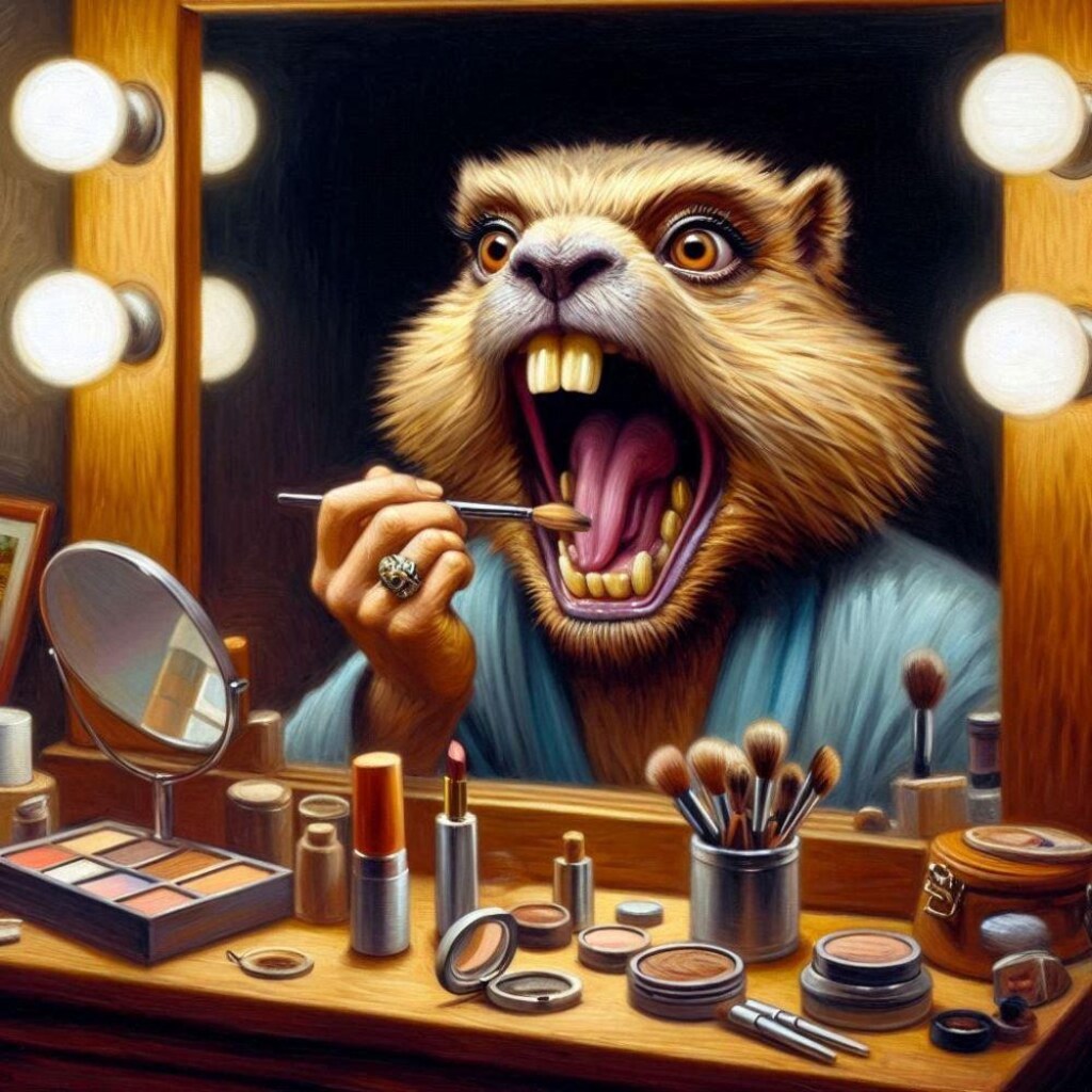 油絵風、化粧台でまつ毛メイクをする俳優ラクダ＆マーモット