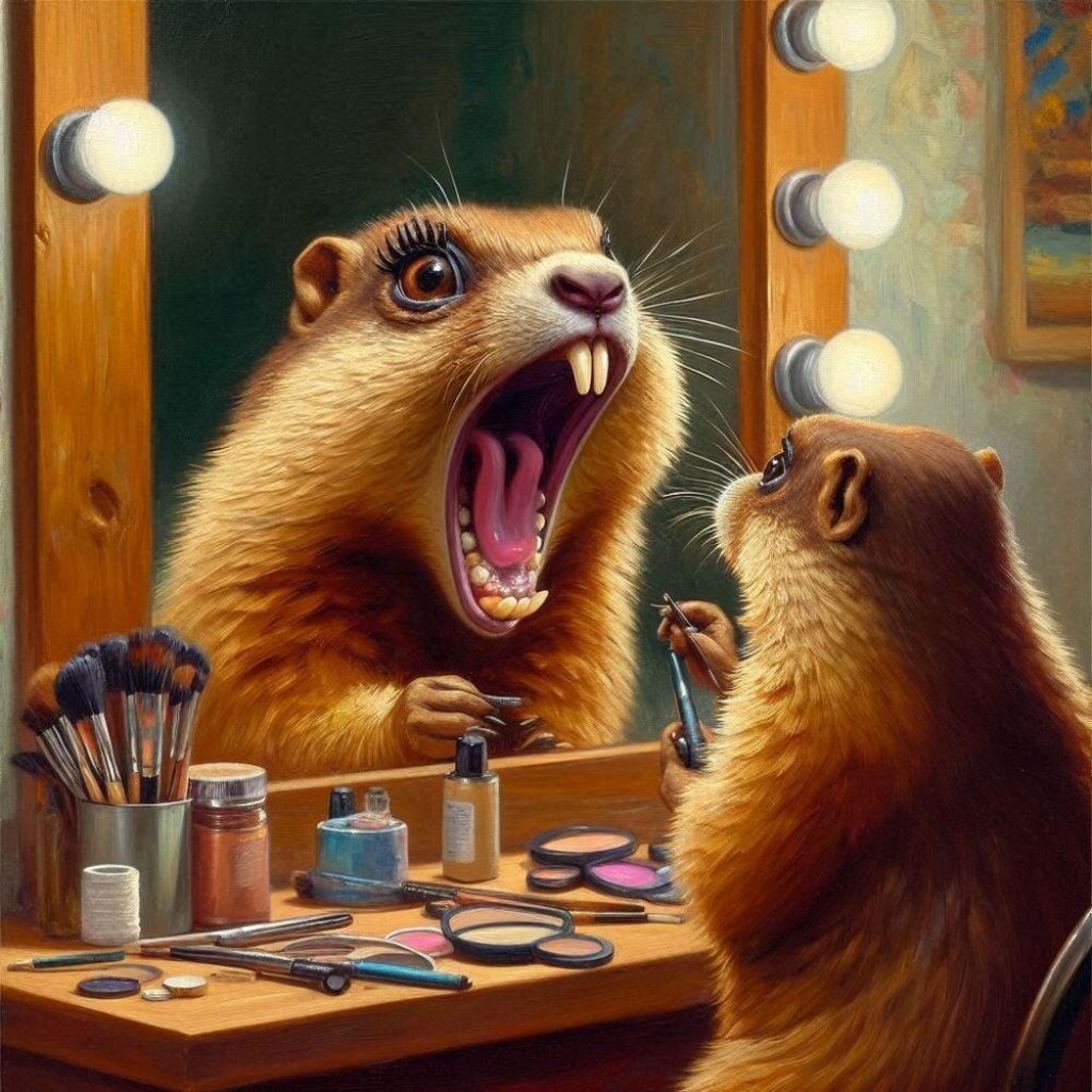 油絵風、化粧台でまつ毛メイクをする俳優ラクダ＆マーモット