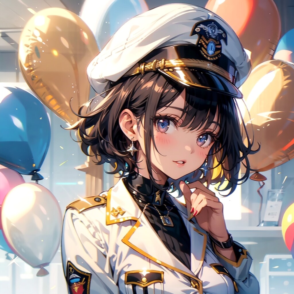 いっぱい風船を持つ黒髪ショートカットの海兵服着た美女。