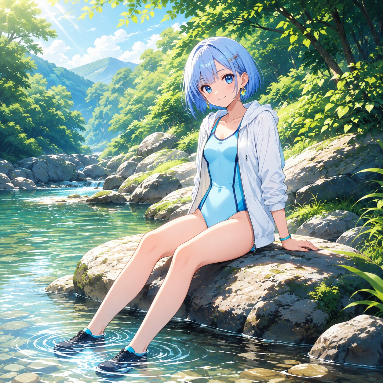 清流に足を浸す、朝の休養時間