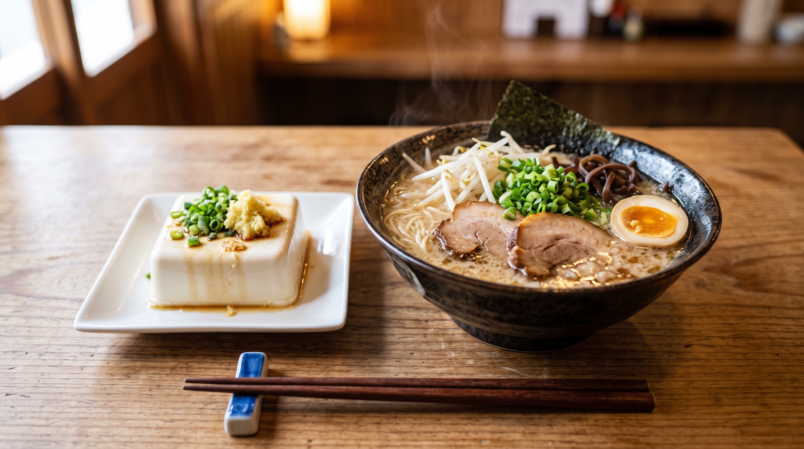 摩訶不思議食堂の豚骨ラーメンと豆腐のセット | の人気AIイラスト・グラビア