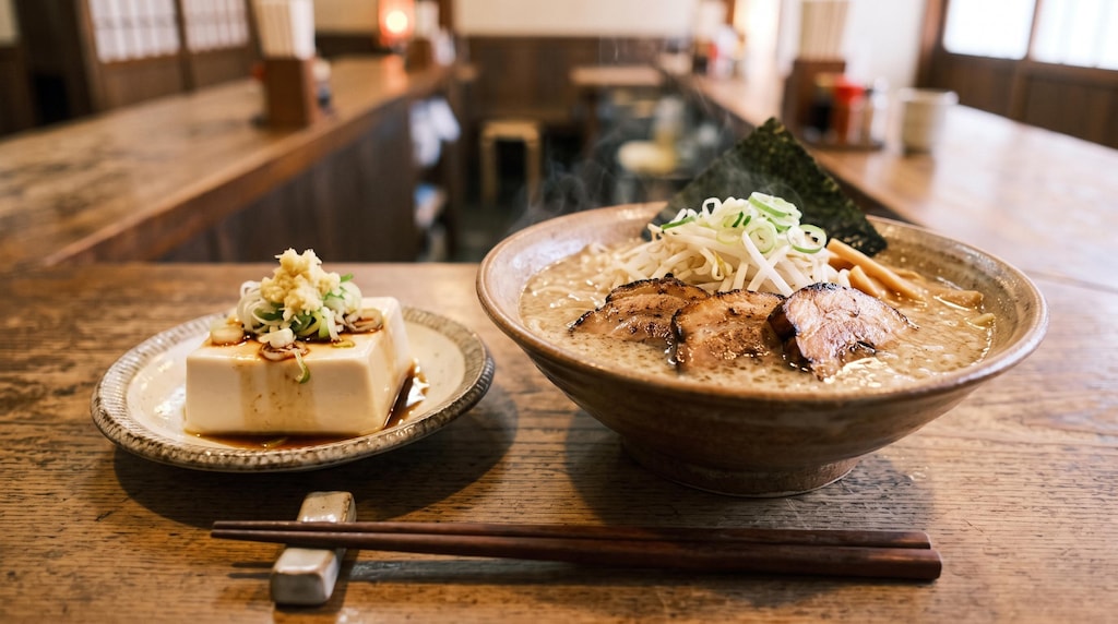 摩訶不思議食堂の豚骨ラーメンと豆腐のセット
