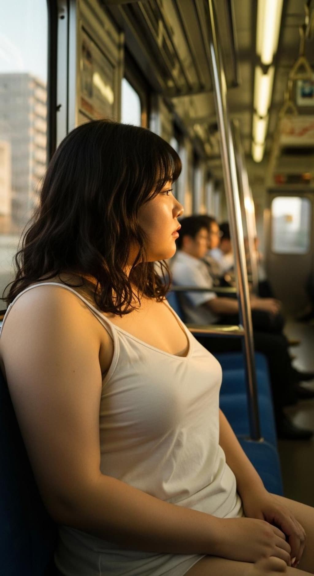 白のキャミ一枚、ラフすぎる格好で乗車するぽっちゃりさん