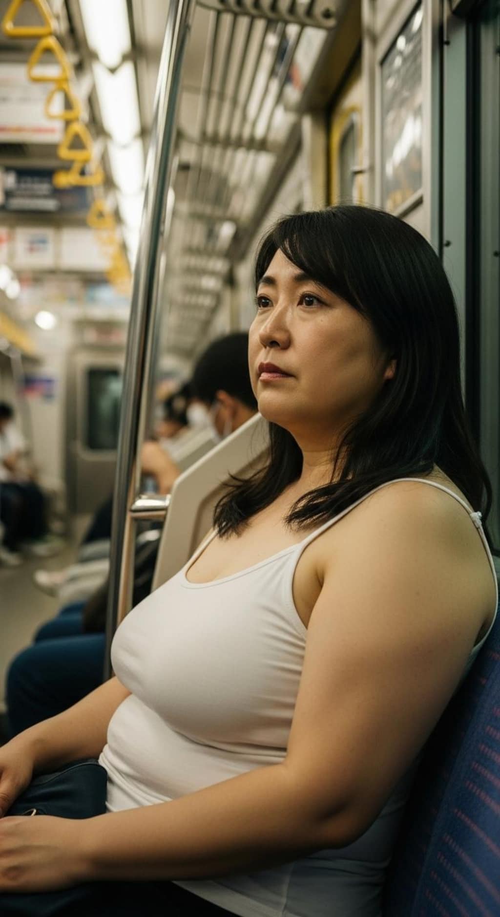 白のキャミ一枚、ラフすぎる格好で乗車するぽっちゃりさん