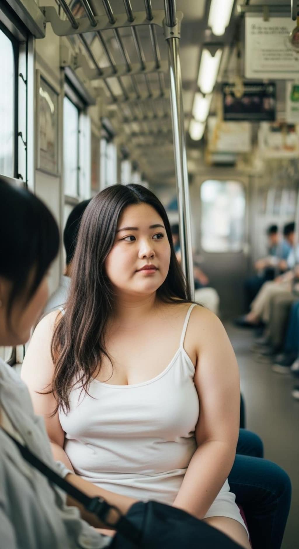 白のキャミ一枚、ラフすぎる格好で乗車するぽっちゃりさん