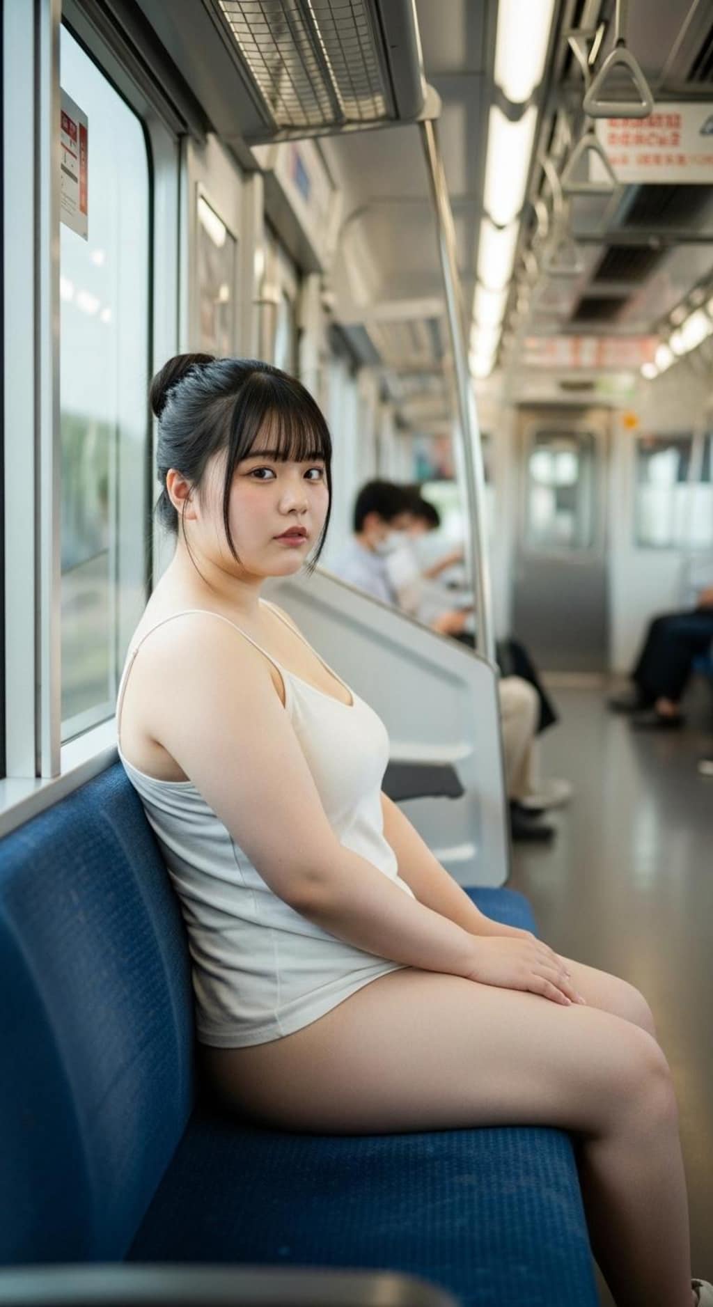 白のキャミ一枚、ラフすぎる格好で乗車するぽっちゃりさん