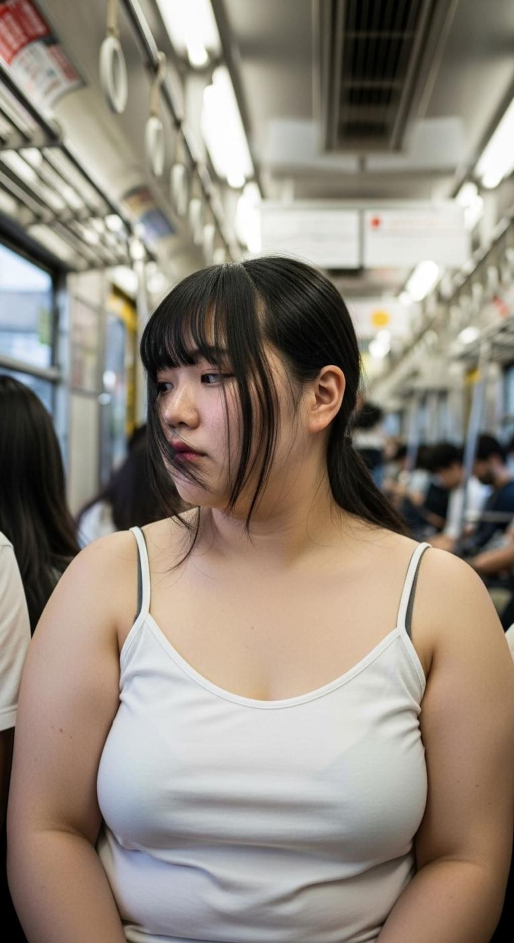 白のキャミ一枚、ラフすぎる格好で乗車するぽっちゃりさん