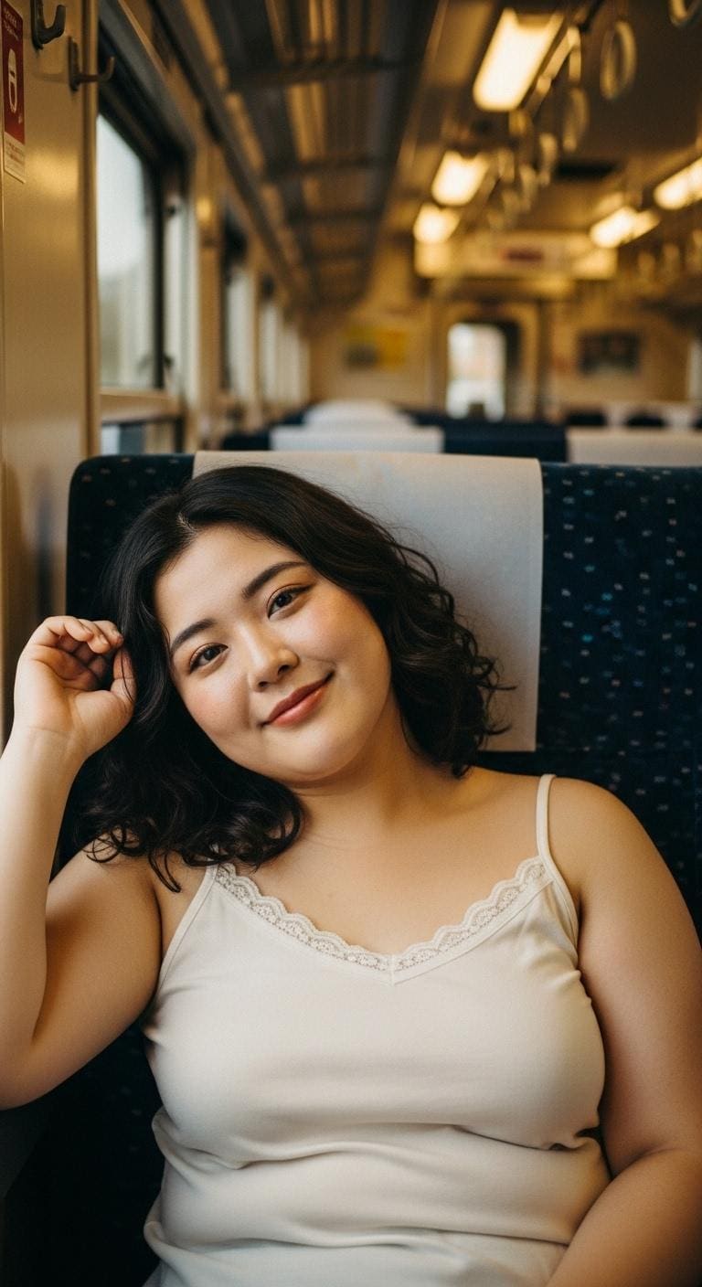 白のキャミ一枚、ラフすぎる格好で乗車するぽっちゃりさん | の人気AIイラスト・グラビア