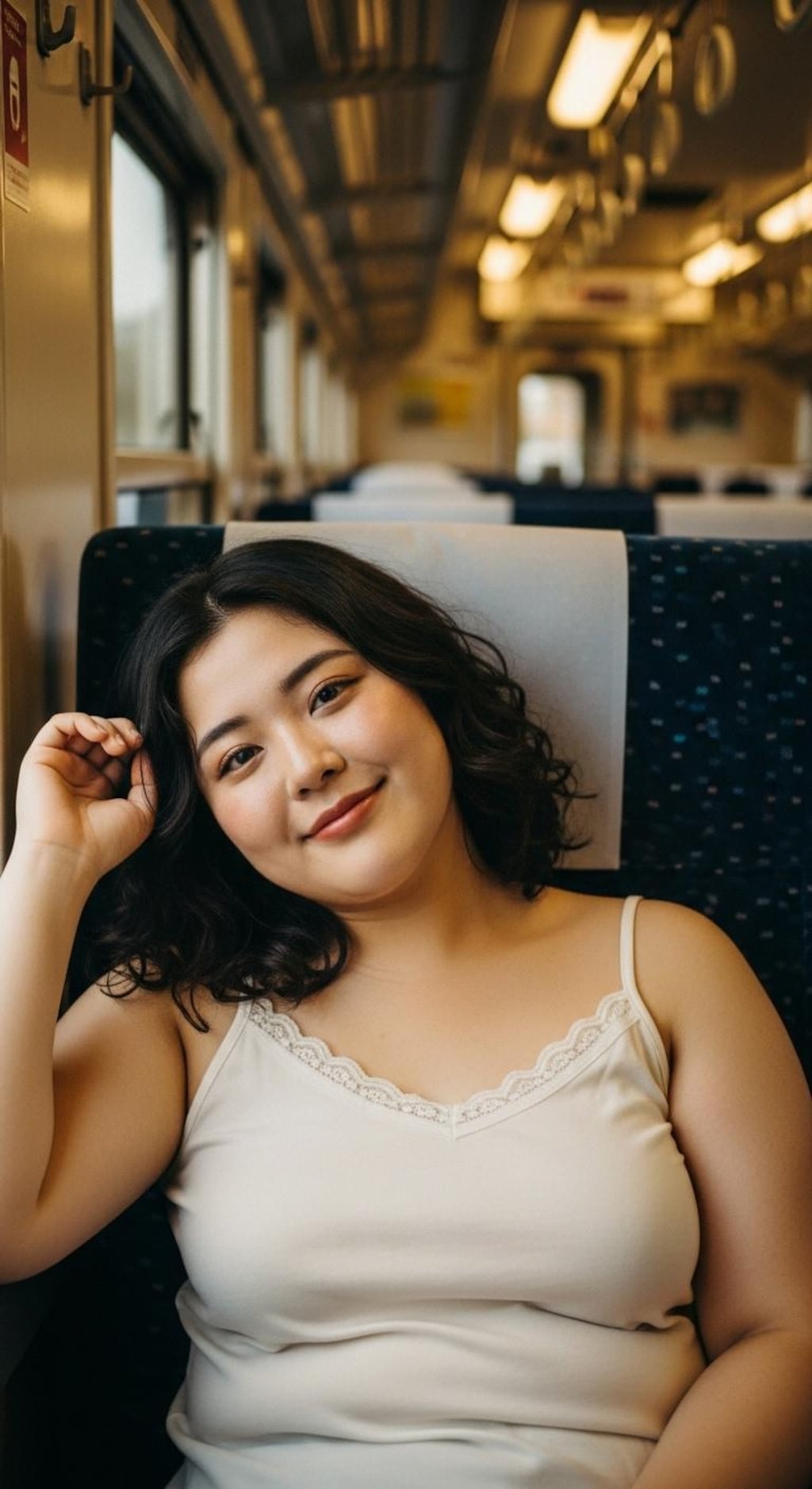 白のキャミ一枚、ラフすぎる格好で乗車するぽっちゃりさん