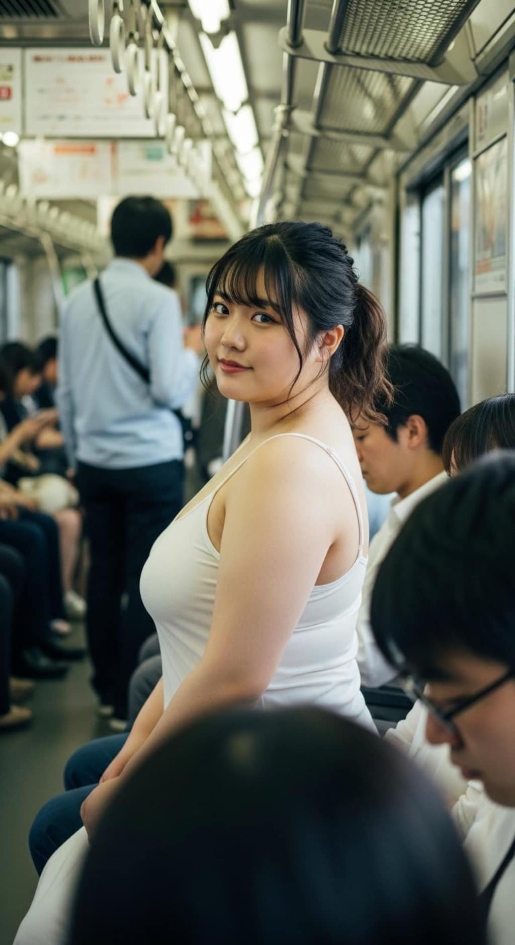 白のキャミ一枚、ラフすぎる格好で乗車するぽっちゃりさん