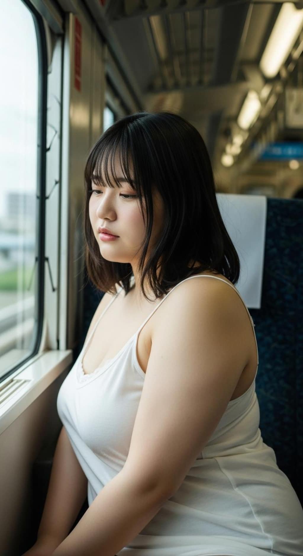 白のキャミ一枚、ラフすぎる格好で乗車するぽっちゃりさん