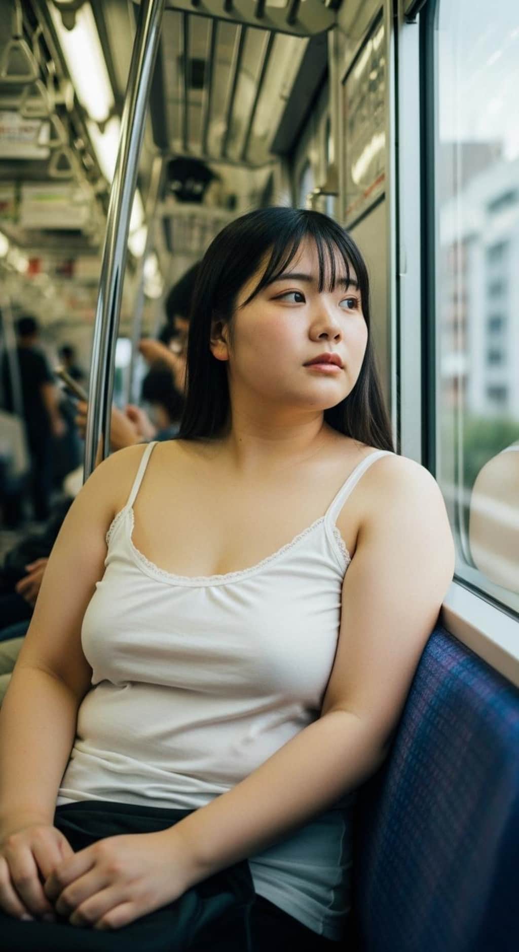 白のキャミ一枚、ラフすぎる格好で乗車するぽっちゃりさん