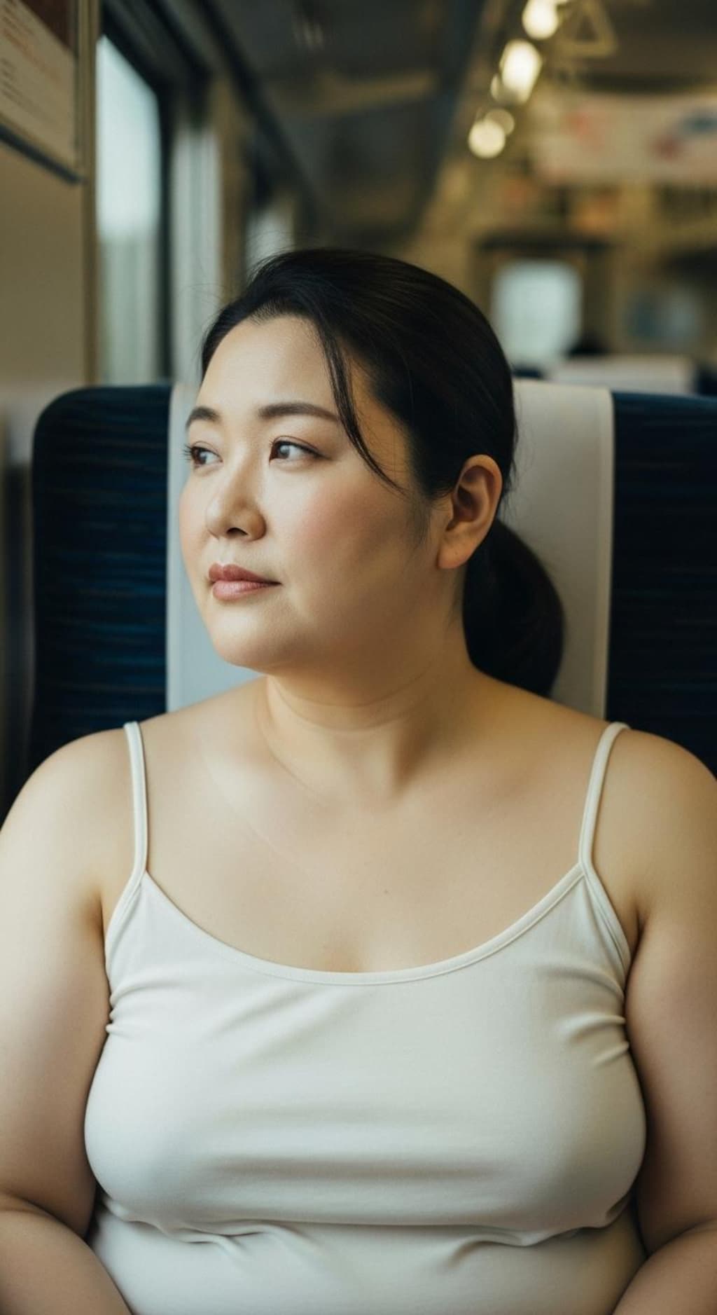 白のキャミ一枚、ラフすぎる格好で乗車するぽっちゃりさん