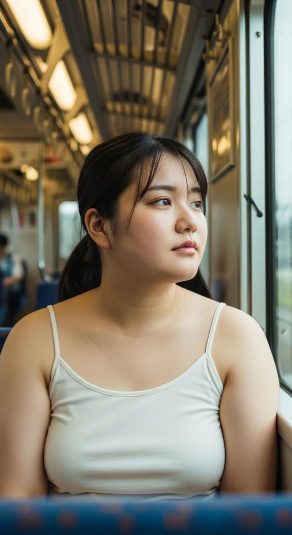 白のキャミ一枚、ラフすぎる格好で乗車するぽっちゃりさん