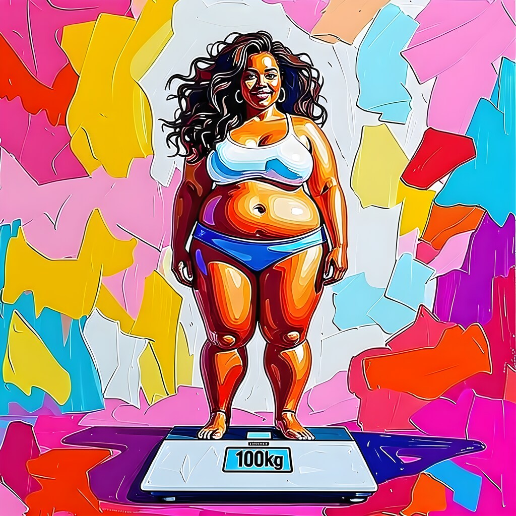 体重計に乗っているぽっちゃり女子