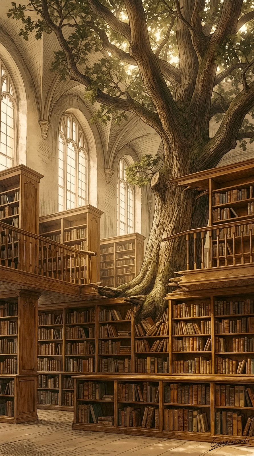 本棚の向こうは森でした／スマホ壁紙アーカイブ | の人気AIイラスト・グラビア