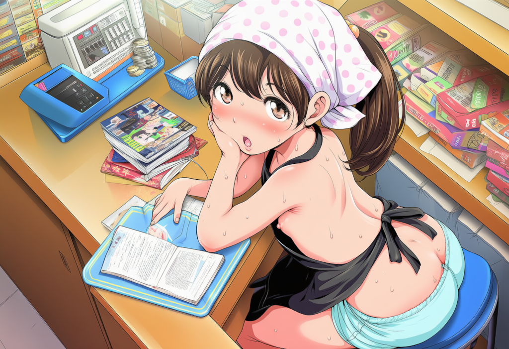 暑すぎてだらしない格好で店番する看板（？）娘