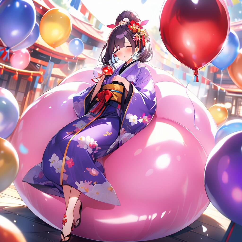 神社で巨大風船を膨らませる着物美女 | の人気AIイラスト・グラビア