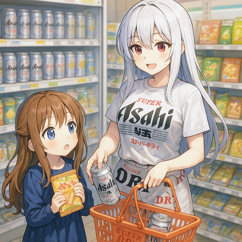 コンビニで買い物をする激ダサ私服お姉さんと小さな女の子