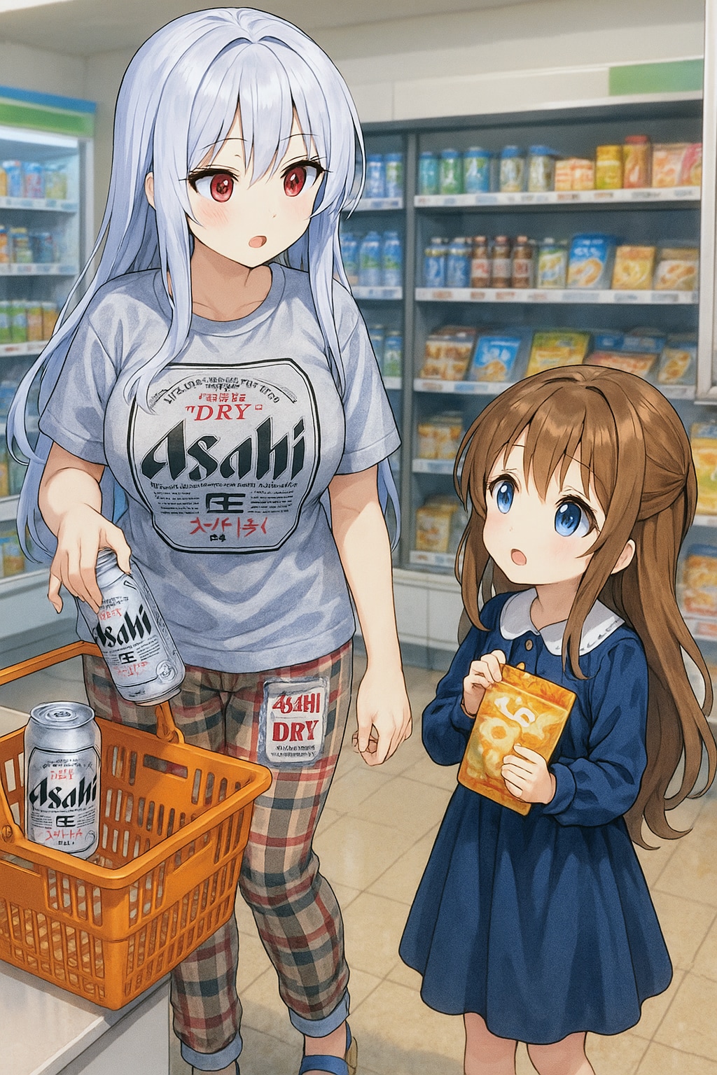 コンビニで買い物をする激ダサ私服お姉さんと小さな女の子
