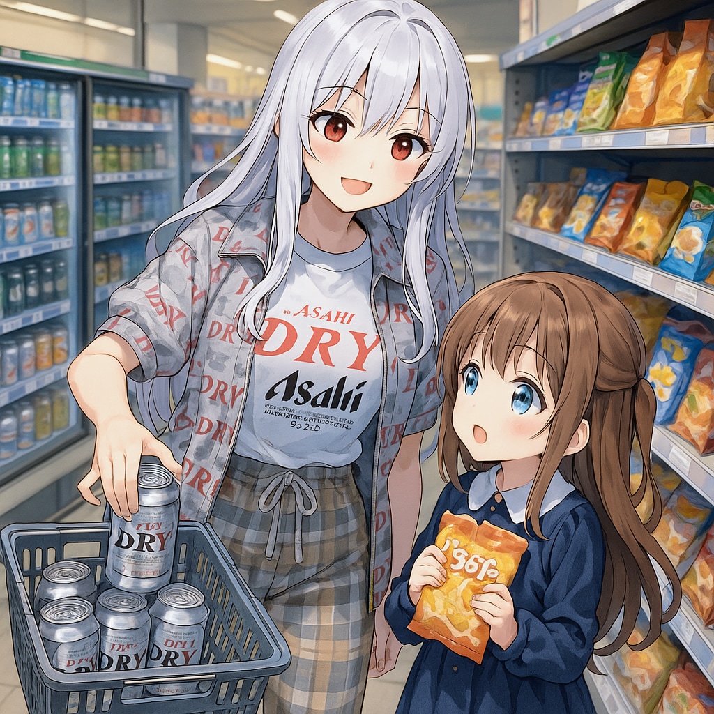 コンビニで買い物をする激ダサ私服お姉さんと小さな女の子