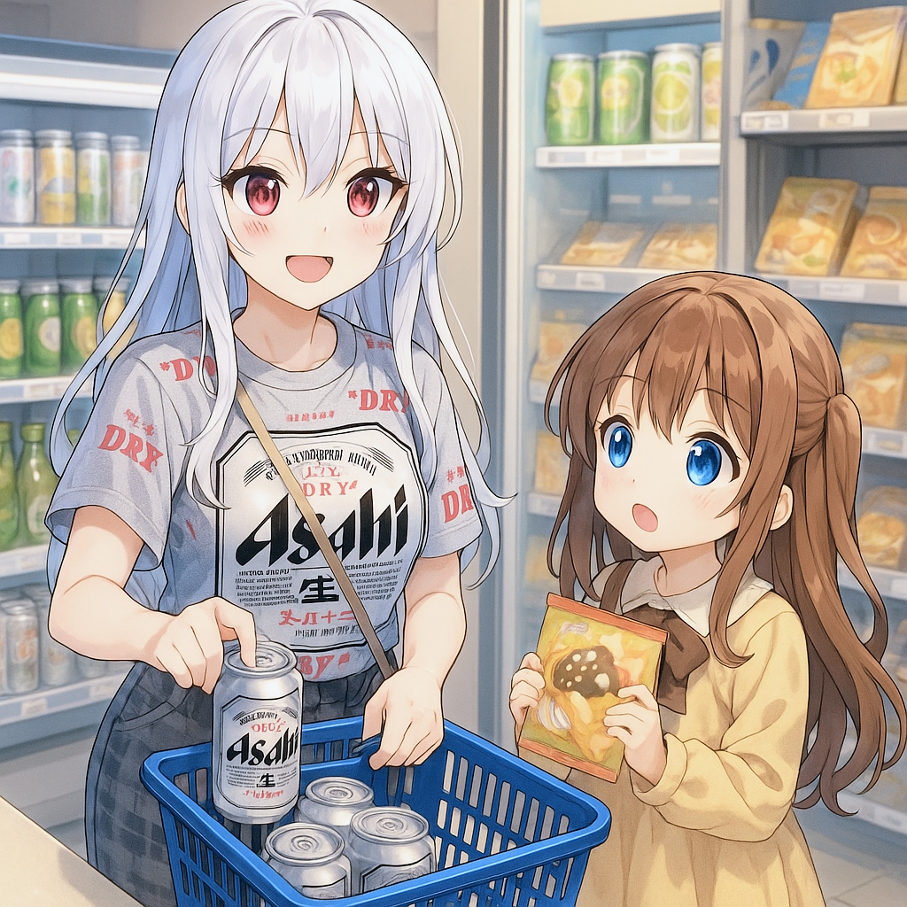 コンビニで買い物をする激ダサ私服お姉さんと小さな女の子