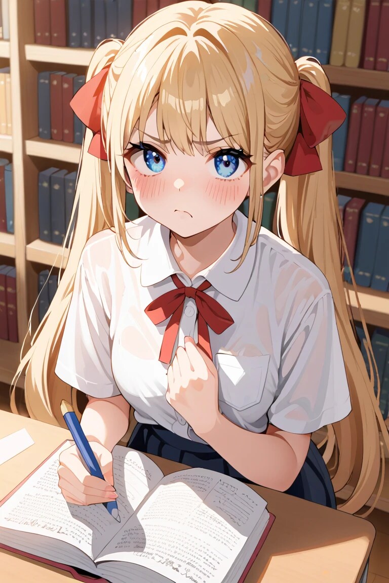 図書室で悩む金髪ちゃん♡ | の人気AIイラスト・グラビア