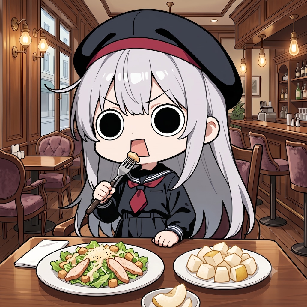 シーザーサラダと梨を頂くえらいこっちゃ嬢
