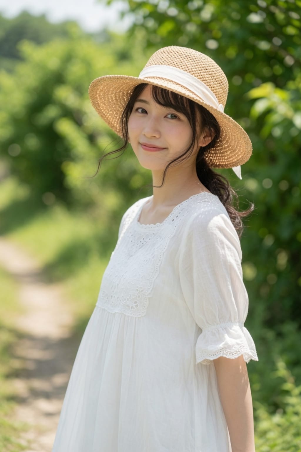 麦わら帽子と白いワンピース