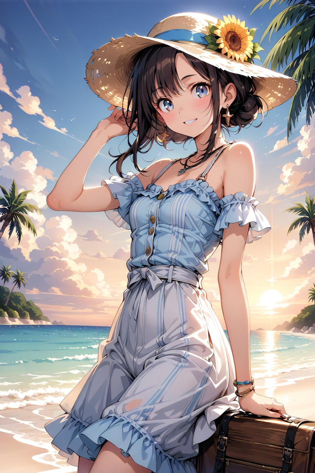 #LARIMAR 夕方の海岸を背に立つ美少女 | の人気AIイラスト・グラビア