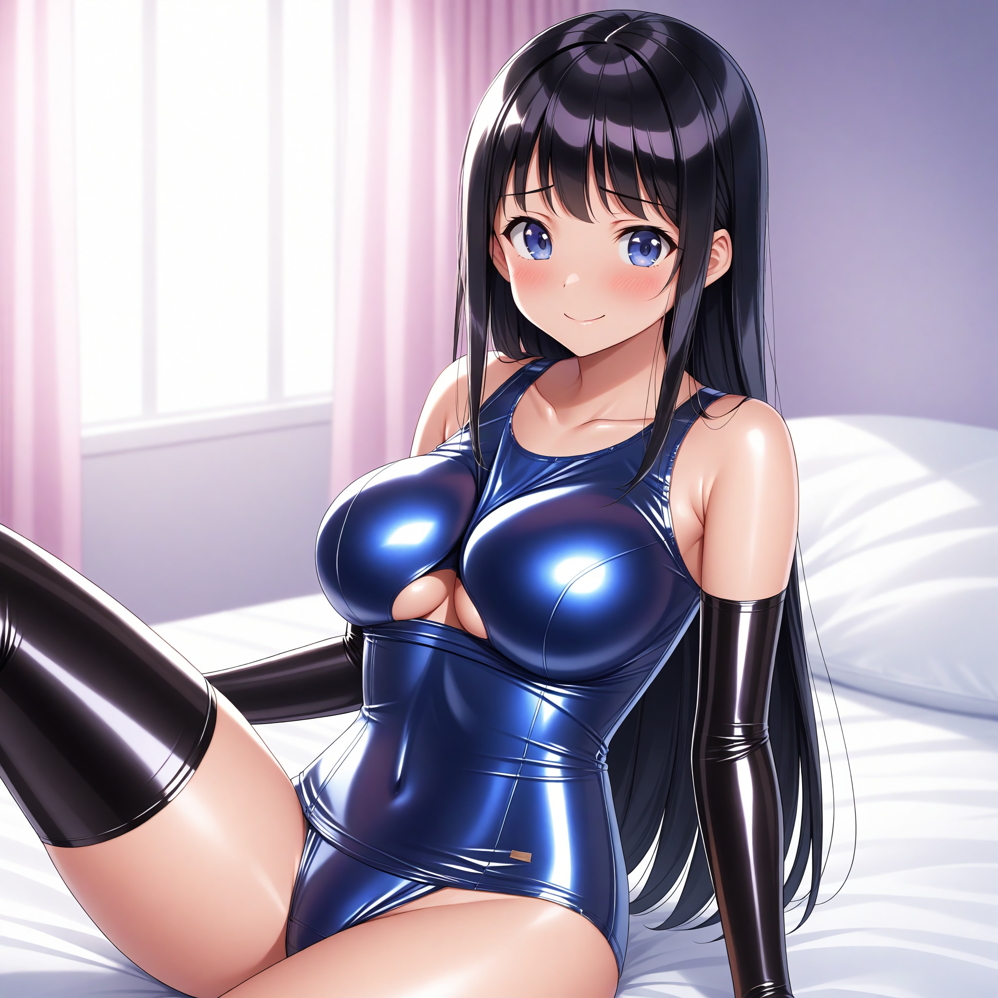 紺旧型スクール水着黒長手袋サイハイソックスパイズリ穴