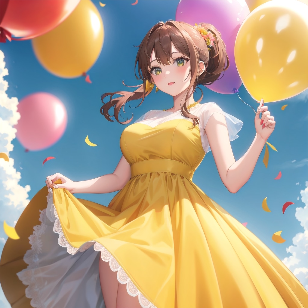 色とりどりの風船を持つブラウンポニーテールの黄色いウェディングドレス着た美女