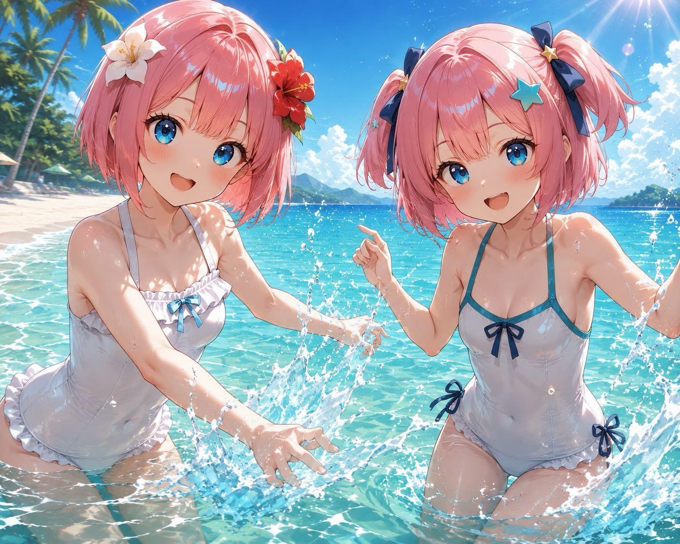 桃花と桃華で夏のビーチ🏖🐠☀️