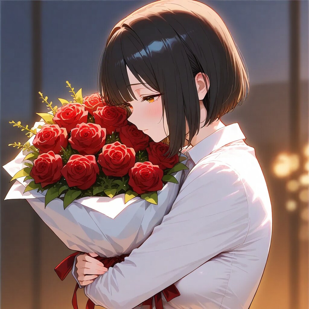 薔薇を抱く女性