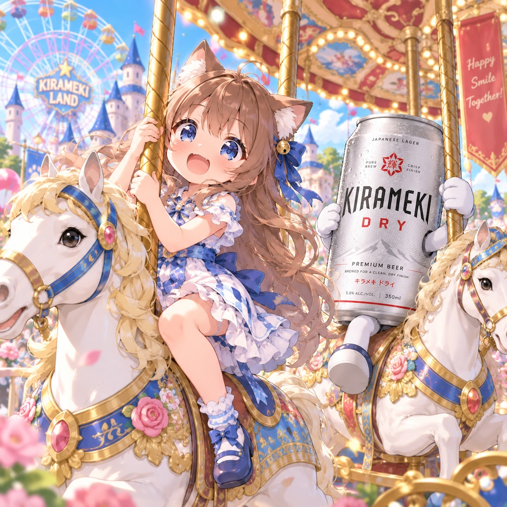 メリーゴーランドに乗る小さな女の子