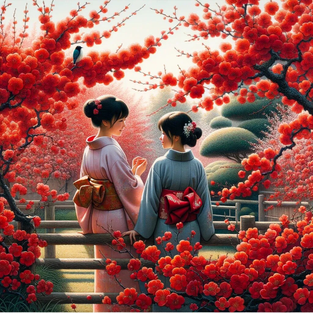 紅梅や垣をへだてて娘同士