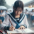 【謎画像】土砂降りの中書道をする女子高生 5枚目