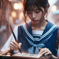 【謎画像】土砂降りの中書道をする女子高生 6枚目