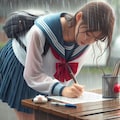 【謎画像】土砂降りの中書道をする女子高生 7枚目