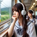 電車の中で音楽を聴く女子高生　Flux.1,Dalle 2枚目