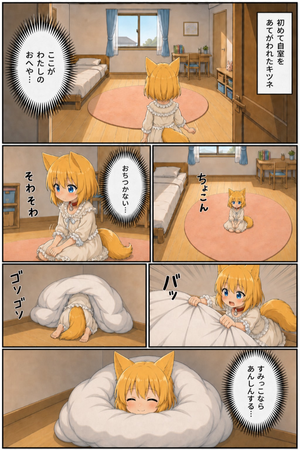 背後から襲われる危険がない部屋の角に落ち着くキツネ