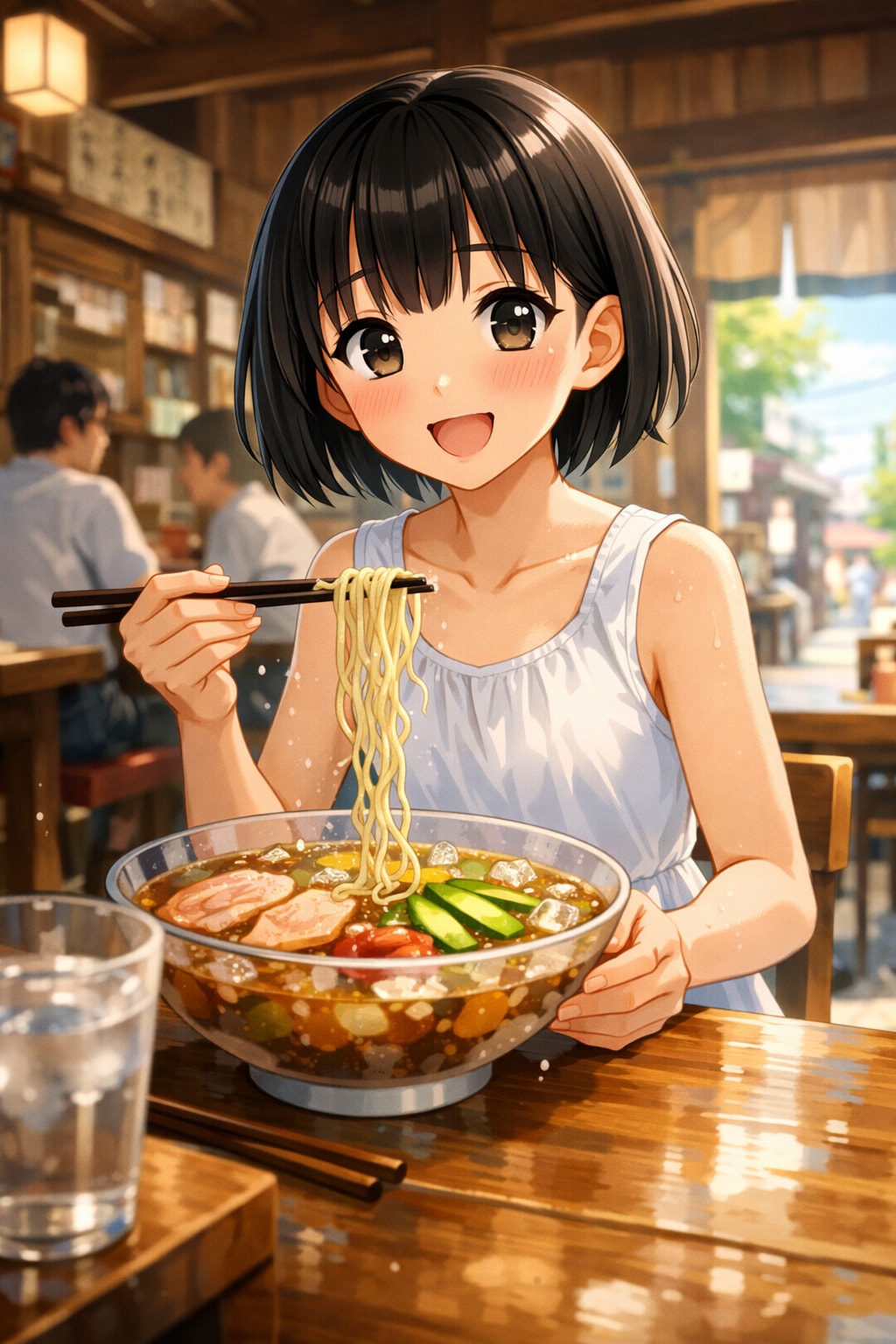 冷やしラーメンを食べている女の子