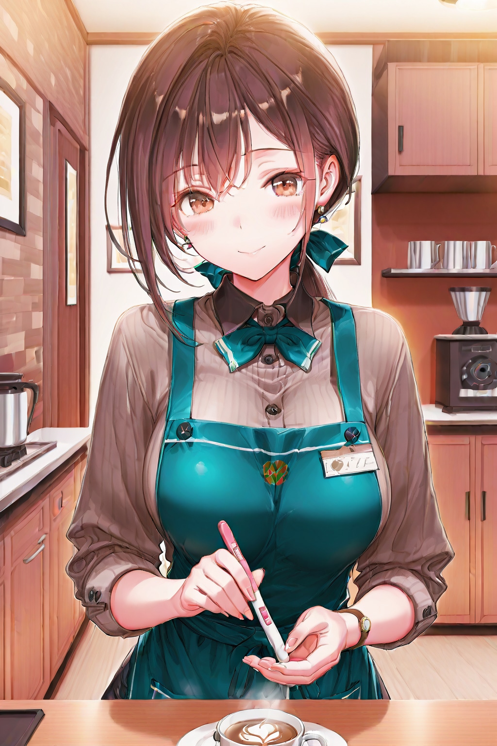 ラテアートを作る新婚のカフェ店員さん