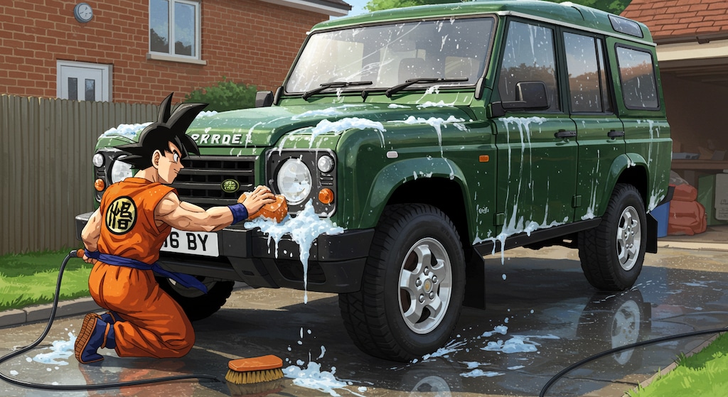 孫悟空がランドローバーを洗う